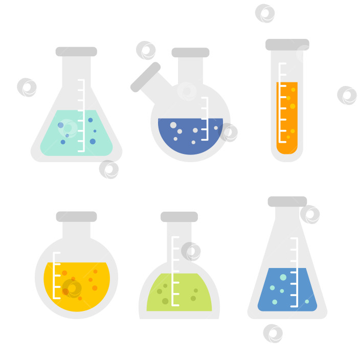Скачать Химические колбы разной формы с цветной жидкостью украшены мультяшной плоской иллюстрацией. фотосток Ozero