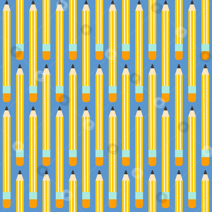 Скачать Бесшовный школьный узор с мультяшным желтым карандашом на синем фоне в плоском стиле. фотосток Ozero