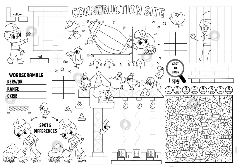 Скачать Векторный коврик на строительной площадке для детей. Игровой коврик для строительных работ с лабиринтом, крестиками-ноликами, картинками, чтобы соединить точки, найти отличия. Черно-белый игровой коврик для ремонта, раскраска фотосток Ozero