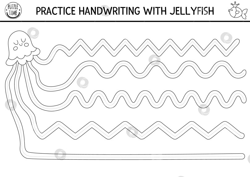 Скачать Векторный лист для отработки рукописного ввода с изображением медузы и пунктирной линии в виде щупалец. Черно-белое занятие для детей "Океанское королевство". Развивающая игра-раскраска для развития навыков письма фотосток Ozero