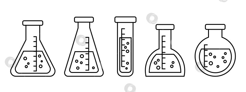 Скачать Значки химических колб. Нарисуйте колбы разной формы с мультяшной плоской иллюстрацией из набора жидкостей. фотосток Ozero