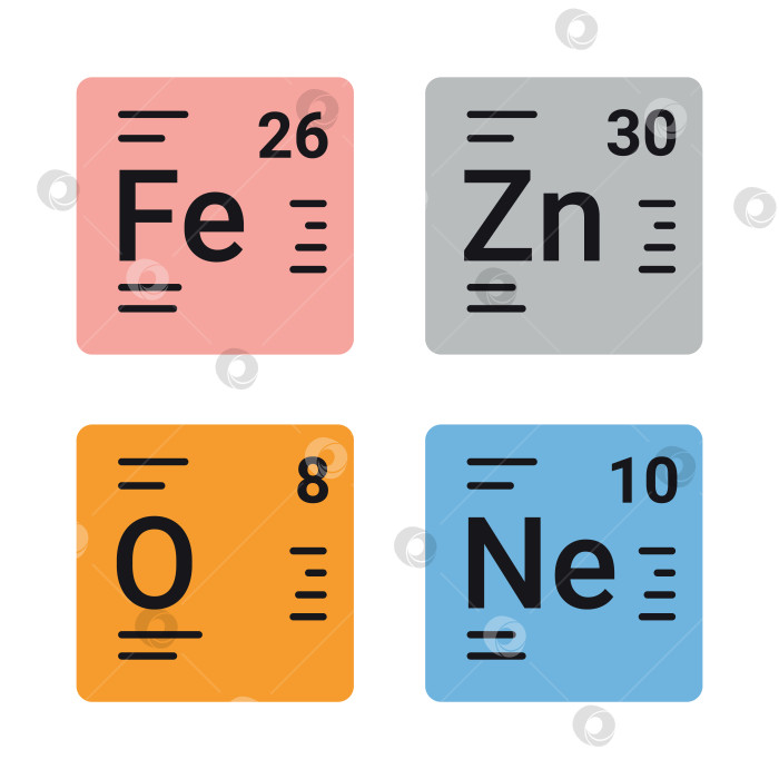 Скачать Элементы периодической таблицы Менделеева, квадраты с информацией о веществе. Векторная иллюстрация, изолированная на белом фоне, нарисованная от руки, плоский дизайн фотосток Ozero