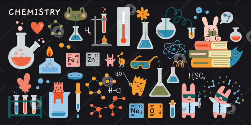 Скачать Урок химии в школе. Лабораторное оборудование, пробирки, химические лабораторные принадлежности и милые персонажи на черной доске. Концепция образования. Модная современная векторная иллюстрация, нарисованная от руки, плоская фотосток Ozero