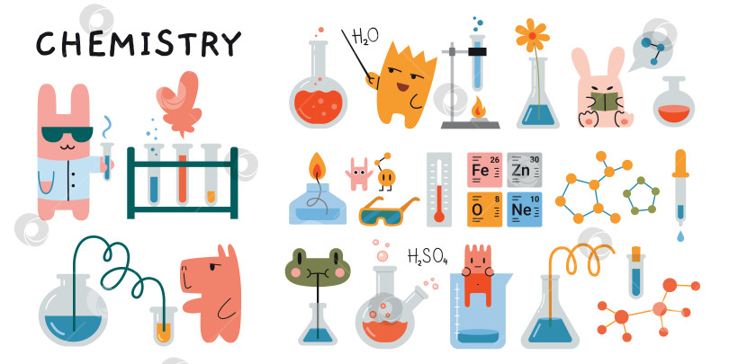 Скачать Набор для урока химии в школе. Лабораторное оборудование, пробирки, химические лабораторные принадлежности и милые персонажи. Концепция образования и учебы. Современная векторная иллюстрация, изолированная на белом, нарисованная от руки, плоская фотосток Ozero