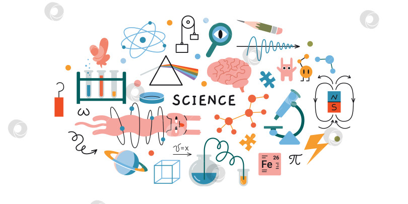 Скачать Концепции научных исследований. Круглая композиция на тему физики, биологии и химии. Концепция образования и учебы. Модная современная векторная иллюстрация, выделенная на белом фоне, нарисованная от руки, плоская фотосток Ozero