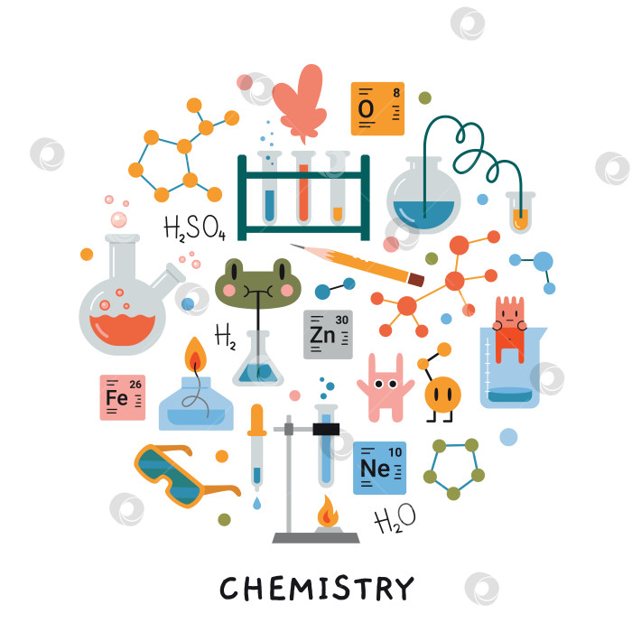 Скачать Урок химии в школе. Круглая композиция с лабораторным оборудованием, пробирками, химическими лабораторными принадлежностями и милыми персонажами. Концепция образования. Векторная иллюстрация, изолированная на белом, нарисованная от руки, плоская фотосток Ozero