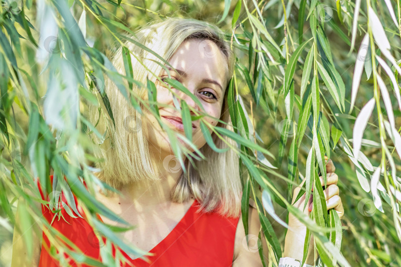 Скачать Портрет молодой светловолосой женщины в листве плакучей ивы. летние каникулы фотосток Ozero