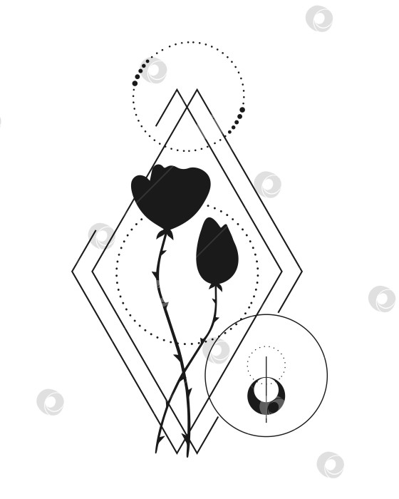 Скачать Абстрактная ботаническая татуировка с геометрическими элементами, выделенными на белом фоне. Монохромная цветочная татуировка с контуром цветов. Векторная иллюстрация фотосток Ozero
