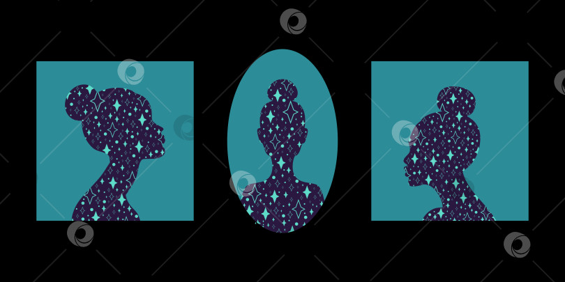 Скачать Абстрактные женские силуэты в виде звезд на черном фоне. Портрет женщины без лица фотосток Ozero