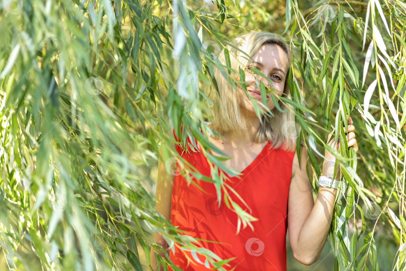 Скачать Портрет молодой светловолосой женщины в листве плакучей ивы. летние каникулы фотосток Ozero