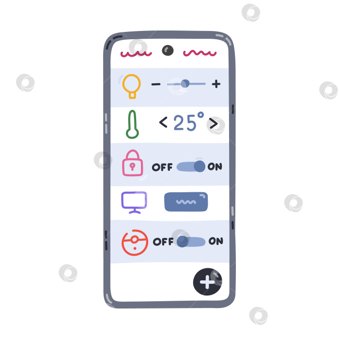 Скачать Симпатичный мультяшный смартфон с мобильным приложением для домашней автоматизации и безопасности. Нарисованный от руки клипарт пульта дистанционного управления замком, температурой, уборкой дома, освещением, телевизором. Интернет вещей, выделенный белым цветом. фотосток Ozero