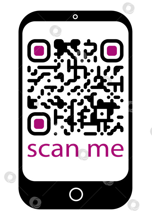 Скачать QR-код, отображаемый на экране смартфона, и текст "Сканируй меня" под ним. Минималистичный дизайн на белом фоне. Концепция доступа к цифровой информации. Векторная иллюстрация фотосток Ozero