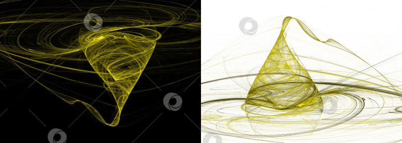 Скачать Желтые абстрактные завитки в форме воронки быстро вращаются на белом и черном фонах. Набор абстрактных фрактальных текстур. 3D-рендеринг. 3D-иллюстрация. фотосток Ozero