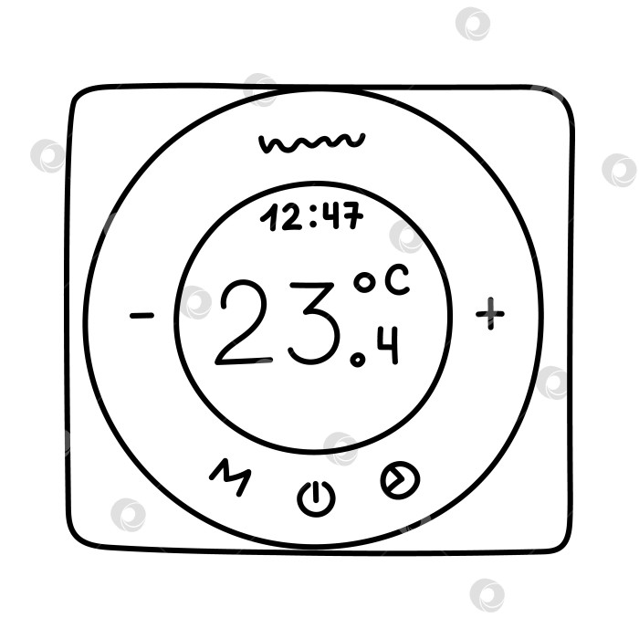 Скачать Умный термостат с симпатичным контуром для регулирования температуры с помощью смартфона. Интеллектуальная электронная система отопления с индикаторами, нарисованная от руки. Радиатор Интернета вещей, выделенный на белом фоне. фотосток Ozero