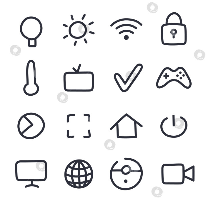 Скачать Симпатичный набор значков "умный дом" с нарисованными от руки контурами. Символы развлечений, регулирующие температуру, освещение, безопасность и чистоту дома. Коллекция сетей и Интернета вещей, выделенных на белом фоне. фотосток Ozero