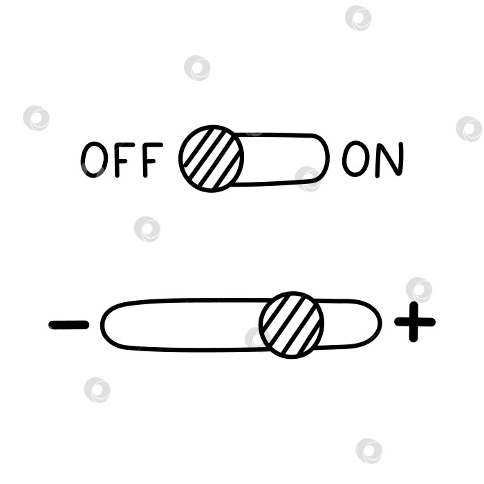 Скачать Симпатичный рисунок переключает кнопки для включения и выключения, плюс и минус. Кнопки переключения режимов позволяют активировать устройство и увеличить или уменьшить его размер. Интерфейс кнопки переключения выделен на белом фоне фотосток Ozero