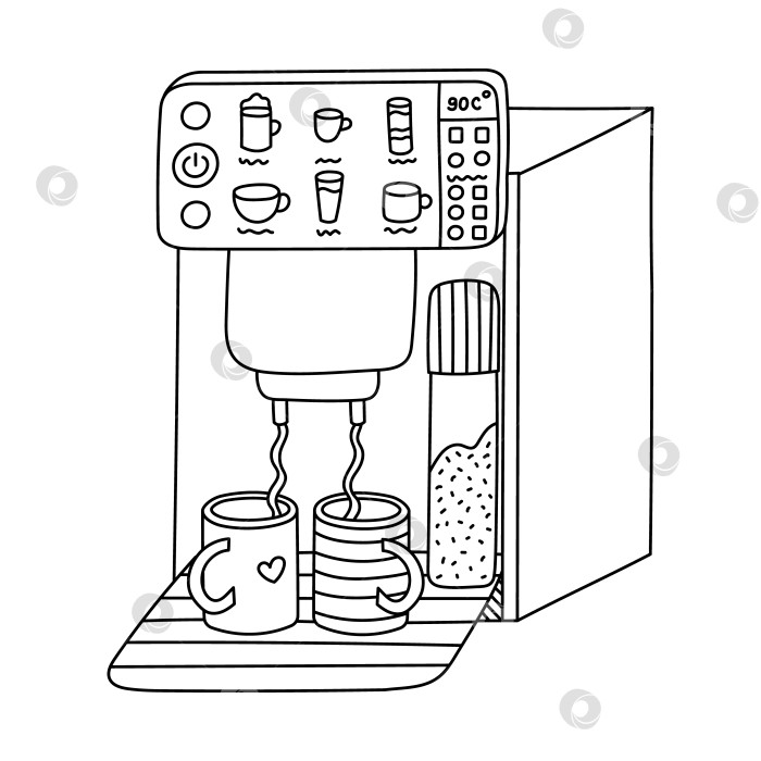 Скачать Умная кофеварка Cute doodle с множеством кнопок и настроек для приготовления кофе в кружках. Электрическая кофеварка intelligence, нарисованная вручную. Профессиональное автоматическое устройство для бариста, которым можно управлять с помощью смартфона. фотосток Ozero