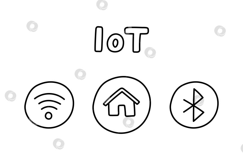 Скачать Симпатичные каракули, изображающие беспроводные технологии и умный дом. Нарисованные от руки знаки передачи сигнала, подключения к Интернету, управления домашними устройствами выделены на белом фоне. Концепция Интернета вещей. фотосток Ozero