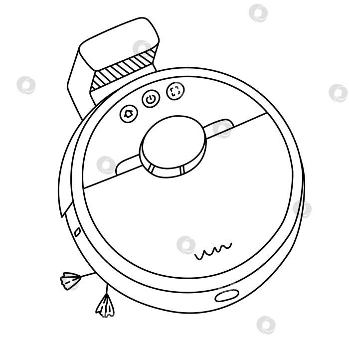 Скачать Симпатичный робот-пылесос doodle с док-станцией, щеткой и кнопками. Удаленная беспроводная промышленная подметальная машина для поддержания чистоты дома с помощью смартфона. Техника для автоматизации работы по дому в изоляции. фотосток Ozero