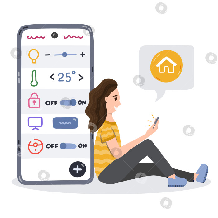 Скачать Счастливая женщина сидит, облокотившись на большой телефон, и управляет умными устройствами в доме с помощью мобильного телефона. Девушка дистанционно управляет освещением, температурой, безопасностью. Концепция умного дома, Интернета вещей, беспроводных сетей. фотосток Ozero