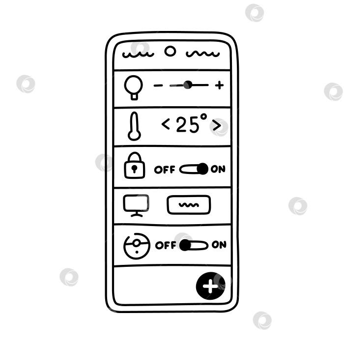 Скачать Симпатичный смартфон-дудл с мобильным приложением для домашней автоматизации и безопасности. Нарисованный от руки клипарт с изображением пульта дистанционного управления замком, температурой, уборкой дома, освещением, телевизором. Интернет вещей, выделенный белым цветом. фотосток Ozero