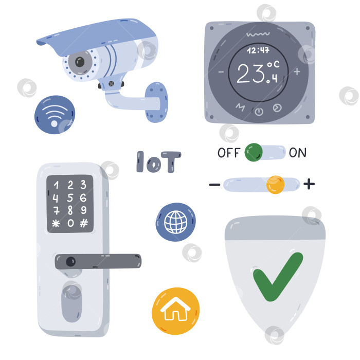 Скачать Милый мультяшный набор с интеллектуальными устройствами безопасности для обеспечения безопасности дома, наблюдения, управления по телефону. Нарисованная от руки камера видеонаблюдения, интеллектуальный дверной замок, дистанционный термостат для защиты имущества, дома. фотосток Ozero