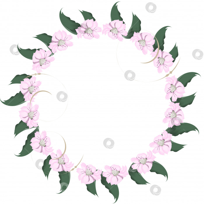 Скачать Венок из розовых цветов, обрамленный зелеными листьями на белом фоне.3d. фотосток Ozero