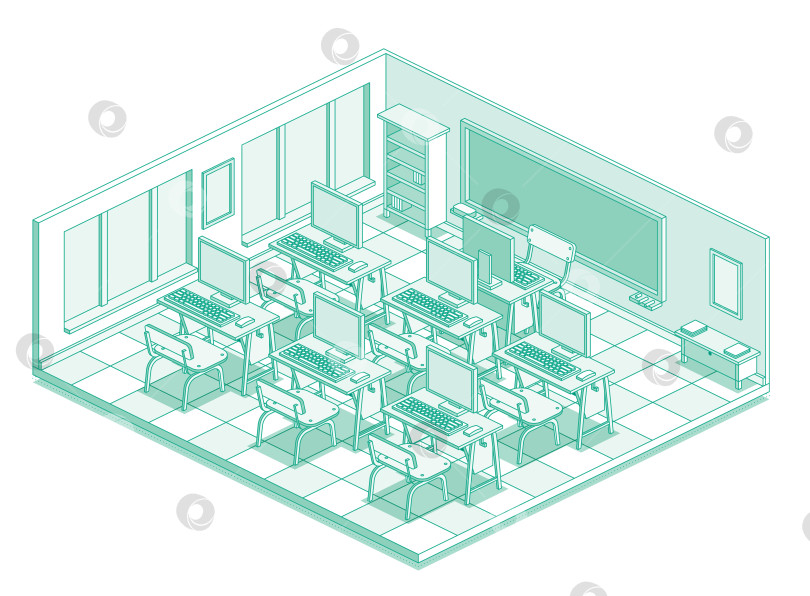 Скачать Изометрический пустой компьютерный класс в школе. Выделите его зелеными линиями. Комната с письменными столами, стульями, мониторами и клавиатурами. Рабочее пространство с окнами. фотосток Ozero