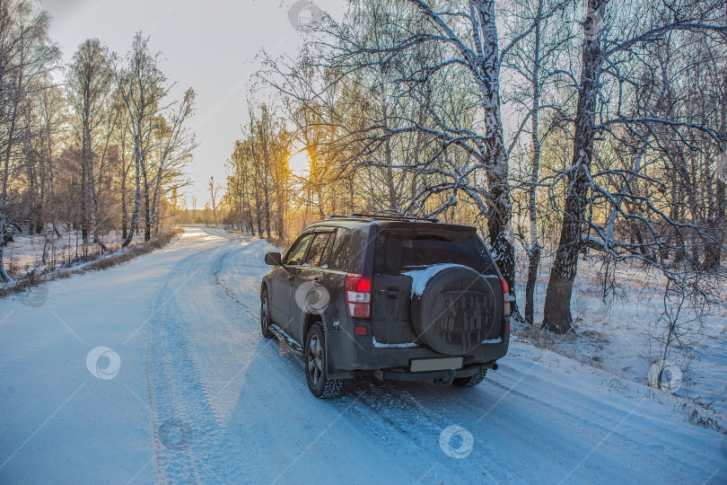 Скачать Автомобиль движется по зимней дороге в лесу фотосток Ozero