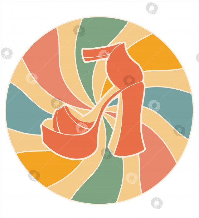 Скачать Шаблон ретро-абстрактного дизайна с красочной обувью на фоне радужных волн. Босоножки в стиле хиппи на высоком каблуке в цветном круге. Креативная векторная иллюстрация. фотосток Ozero