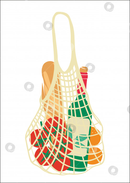 Скачать Эко-сумка для покупок с различными продуктами. Ноль отходов, никакой концепции пластика. Разные товары с местного рынка. Современная абстракция с зеленой авоськой для дизайна здорового образа жизни. Концепция экологии. Цветная векторная иллюстрация моды. плоский дизайн фотосток Ozero