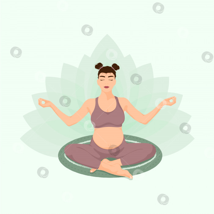 Скачать Пренатальная йога. Беременная женщина с темными волосами медитирует в позе лотоса. фотосток Ozero