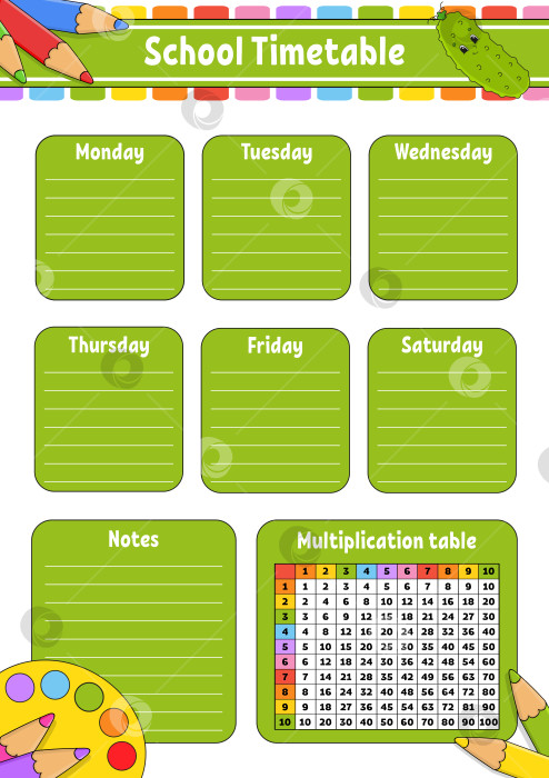 Скачать Школьное расписание с таблицей умножения. Для обучения детей. Выделено на белом фоне. С симпатичным мультяшным персонажем. Векторная иллюстрация. фотосток Ozero