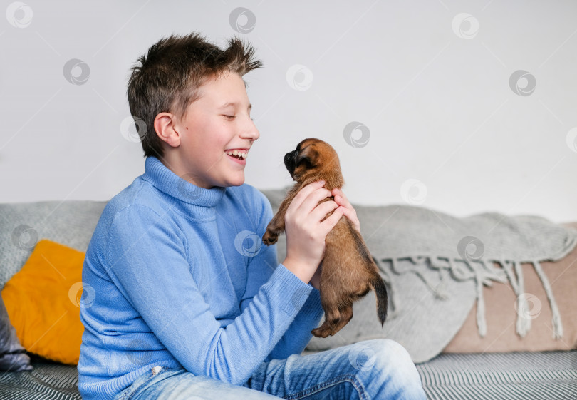 Скачать Мальчик-подросток играет со щенком и улыбается. копировальное пространство фотосток Ozero