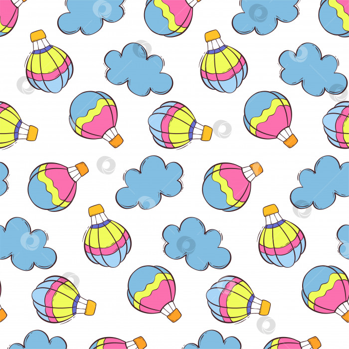 Скачать Бесшовный узор с воздушными шарами для полета и облаками. Разноцветный воздушный шар в плоском стиле. Красочная векторная иллюстрация. Векторный фон. фотосток Ozero