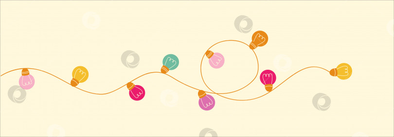 Скачать Иллюстрация праздничного дизайна с красочными гирляндами из лампочек. Концепция праздника с цветными фонариками. Праздничный баннер на Рождество, вечеринку, день рождения. Векторный фон. фотосток Ozero