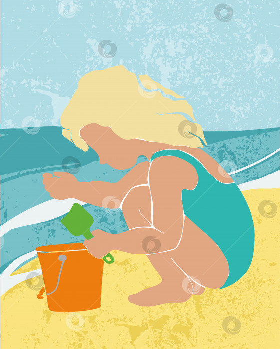 Скачать Маленькая девочка в купальнике играет в песке на пляже. Абстрактные дети для дизайна баннера. Летние каникулы на море. Векторная иллюстрация. фотосток Ozero