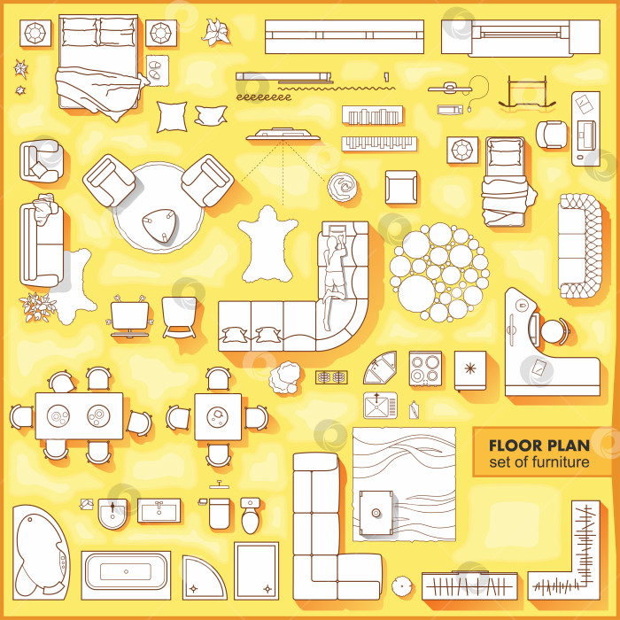 Скачать Набор значков плана этажа для дизайна интерьера и архитектурного проекта (вид сверху). Значок тонкой линии мебели на виде сверху для макета. Вектор фотосток Ozero