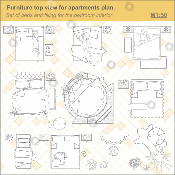 Скачать Набор иконок мебели для спальни, вид сверху. План планировки квартиры. Значок интерьера для поэтажного плана. Набор кроватей (знак и условное обозначение) в плане дизайна спальни. Вектор. фотосток Ozero