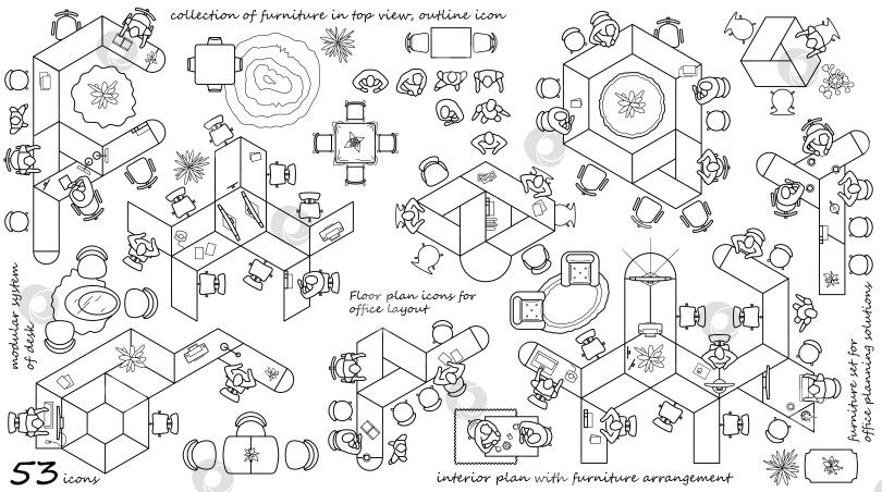 Скачать Иконки современной офисной мебели в виде сверху, коллекция векторных планов этажей. Элементы современного дизайна интерьера рабочего места. Столы со стульями, рабочий стол и компьютеры для рабочего пространства. фотосток Ozero