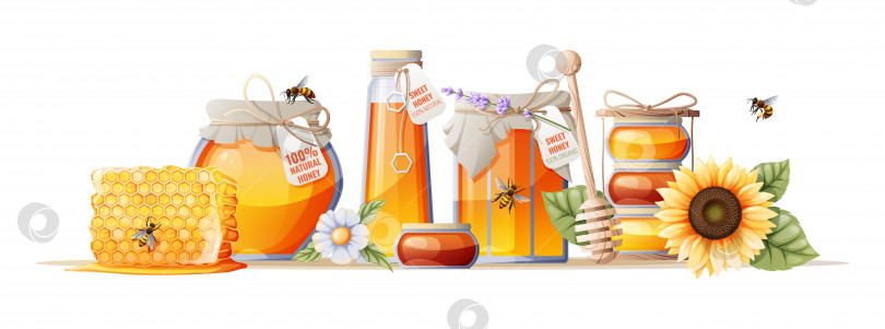 Скачать Медовые изделия, натуральный органический продукт. Векторная иллюстрация банок с медом, сотами, подсолнухом, деревянной ложкой. Здоровая пища фотосток Ozero