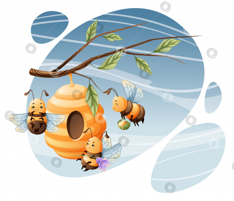 Скачать Милые мультяшные пчелы несут мед в улей на ветке дерева. Детская иллюстрация для одежды, книг, плакатов и т.д. фотосток Ozero
