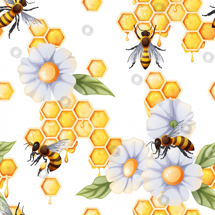 Скачать Бесшовный фон с сотами, пчелами и белыми цветами. Летняя текстура для ткани, обоев, бумаги и т.д. фотосток Ozero