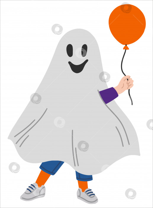 Скачать Ребенок в костюме привидения с воздушным шаром на Хэллоуин. Красочная векторная иллюстрация в плоском стиле. Детская страшная костюмированная вечеринка. фотосток Ozero