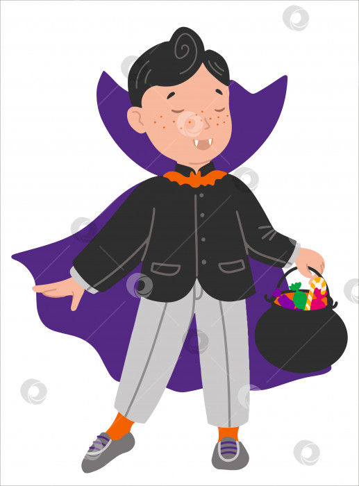 Скачать Ребенок в костюме вампира со сладостями на Хэллоуин. Красочная векторная иллюстрация в плоском стиле. Детская страшная костюмированная вечеринка. фотосток Ozero