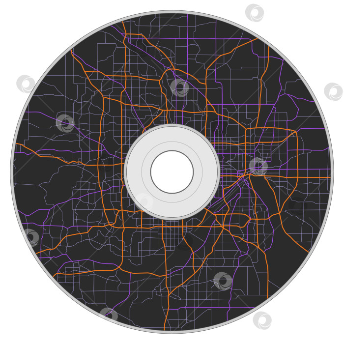 Скачать Печать на компакт-диске, шаблон оформления. Линейная карта города со схемой дорог. Обложка с городскими улицами на плане. DVD-диск, выделенный на белом фоне. Векторный макет фотосток Ozero