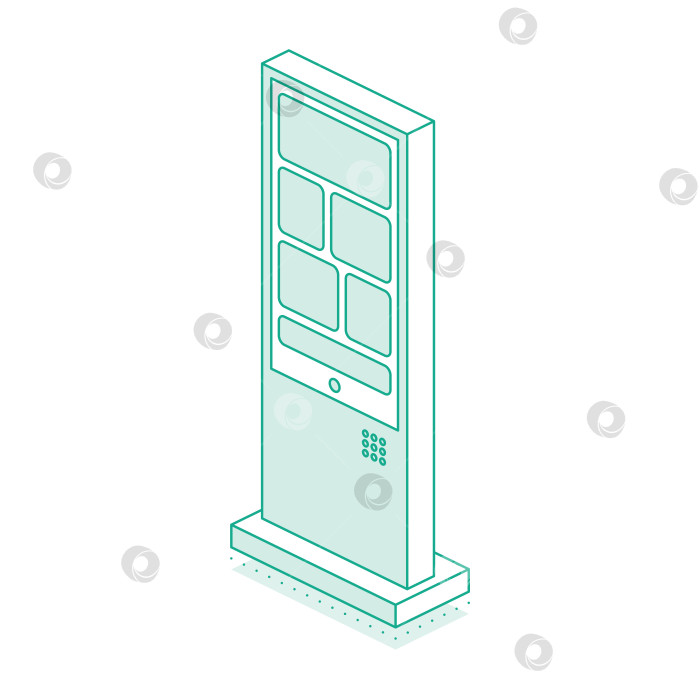 Скачать Изометрический интерактивный терминал метро или железнодорожного вокзала, выделенный на белом фоне. Предоставление пассажирам информации о покупке билетов. фотосток Ozero