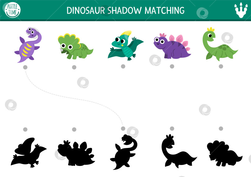 Скачать Упражнение по подбору теней для маленьких динозавров с животными. Доисторическая головоломка с милыми детенышами стегозавра, трицератопса, плезиозавра. Найдите правильный силуэт на листе для печати, игра. Страница для детей "Страна динозавров" фотосток Ozero