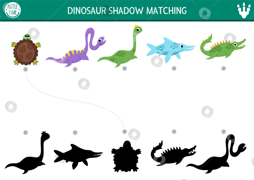 Скачать Подбор теней динозавров с водными животными. Доисторическая головоломка с милыми плезиозаврами и ихтиозаврами. Найдите правильный силуэт на листе или в игре для печати. Страница для детей "Страна динозавров" фотосток Ozero