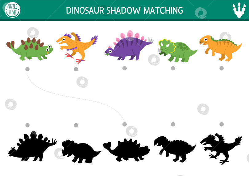 Скачать Упражнение по подбору теней динозавров с животными. Доисторическая головоломка с симпатичными стегозаврами, трицератопсами, анкилозаврами. Найдите правильный силуэт на листе или в игре для печати. Страница для детей "Страна динозавров" фотосток Ozero